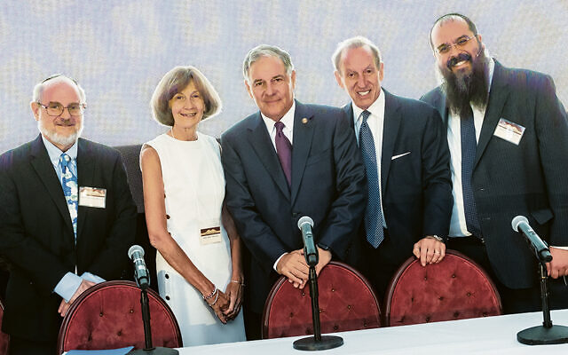 From left: Rabbi Professor Michael J. Broyde, Hon. Patty Shwartz, Senator Jon M. Bramnick, Esq., Abbe David Lowell, and Rabbi Shalom Lubin (Courtesy Jewish Law Symposium)