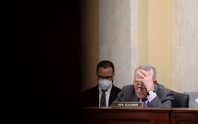 Senate Majority Leader Chuck Schumer (D-NY) participates in a Senate oversight hearing with U.S. Capitol Police Chief Tom Manger on Jan. 5, 2022, one day before the anniversary of the Jan. 6 attack on the U.S. Capitol. (Anna Moneymaker/Getty Images)