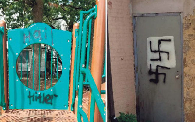 Swastikas and the words “Hail Hitler” were spray-painted in the Yeshiva Ketana playground in Lakewood this summer. Photos courtesy Anti-Defamation League