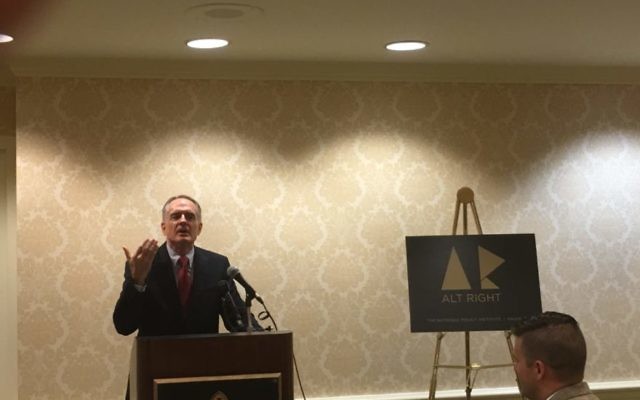 Jared Taylor, the editor of American Renaissance, addressing a news conference on the alt-right in Washington, D.C., on September 9, 2016, while Richard Spencer looks on.