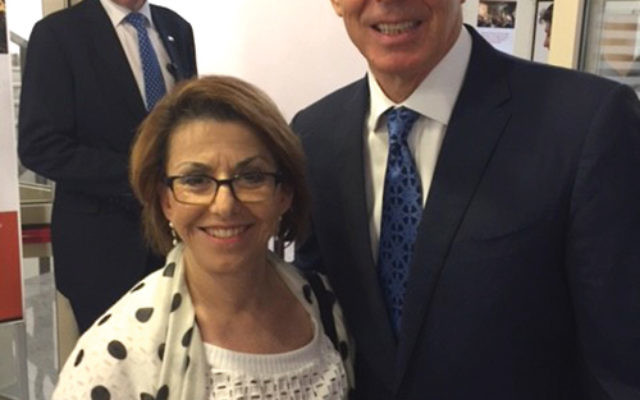 Former Prime Minister Tony Blair poses with Sylvia Weiss of San Antonio, a supporter of the Institute for the Study of Global AntiSemitism and Policy. Photo courtesy Barbara Wind