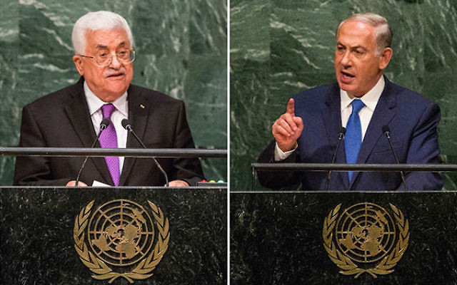 Palestinian Authority President Mahmoud Abbas, left, and Israeli Prime Minister Benjamin Netanyahu speaking at the U.N. General Assembly in New York City on Sept. 30, 2015, and Oct. 1, 2015 respectively. (Both Andrew Burton/Getty Images)