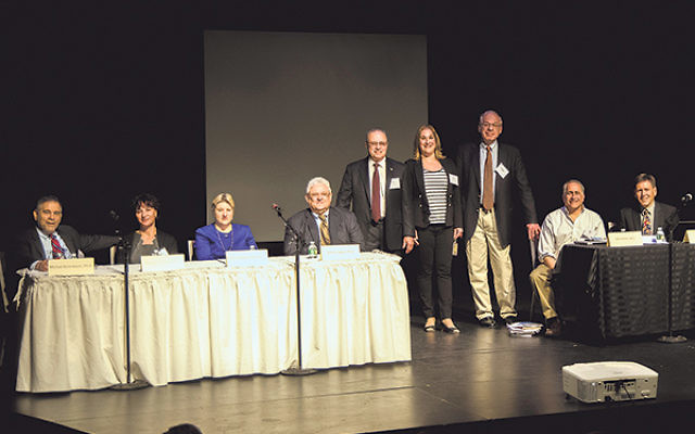 Speakers who tackled issues of bioethics at Drew University on April 16 are, from left, Michael Berenbaum, Tessa Chelouche, Patricia Heberer-Rice, Arthur Caplan, Allen Menkin, Stacy Gallin, Jonathan Rose, Allen Keller, and Peter Nelson. 