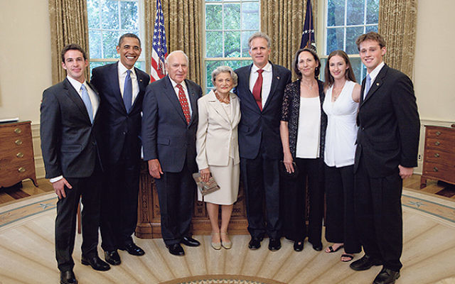 Lester and Marilyn Bornstein, their son Michael Oren, center, and his family meet President Obama at the White House in July 2009 after Oren, then Israel’s new U.S. ambassador, formally presented his credentials.     