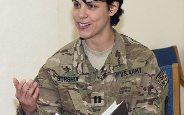 Battalion chaplain Capt. Heather Borshof speaks at a Shabbat service at Bagram Air Field, Afghanistan, on March 14. 