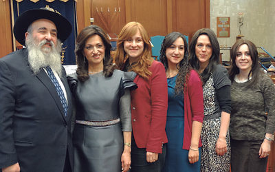 At the March 1 Bris Avrohom event are, from left, Rabbi Mordechai and Shterney Kanelsky, their daughters Chanie Wilschanski and Brochie Kanelsky, and their daughters-in-law Chaya and Chani.     