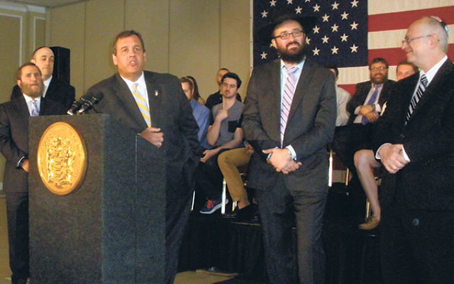 Gov. Chris Christie said of the proposed Iranian nuclear deal, “No deal is better than a bad deal.” Joining him are, from left, World Values Network founder Rabbi Shmuley Boteach, Rabbinical Council of America president Rabbi Shalom Baum, Rutg