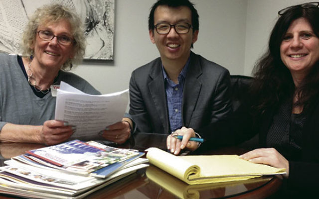 MAZON community organizer Samuel Chu meets with Essex County Freeholder Pat Sebold, left, and CRC director Melanie Roth Gorelick to plan an anti-hunger campaign. Photo by Robert Wiener