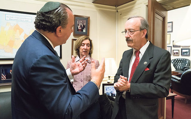 FFEU president Rabbi Marc Schneier, left, and Sheryl Olitzky of the Sisterhood of Salaam/Shalom meet with Rep. Eliot Engel (D-NY, Dist. 16).     