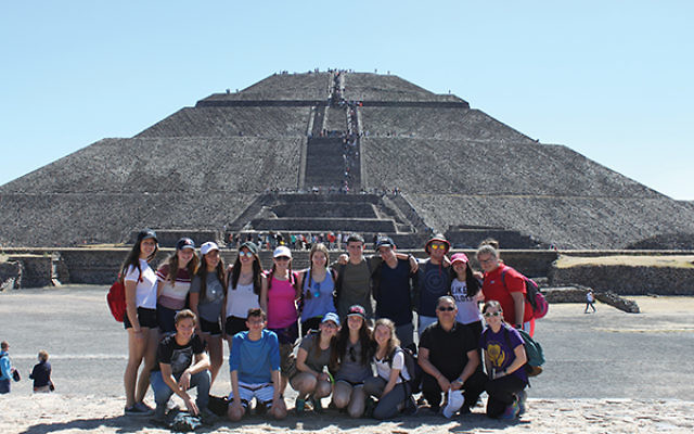 Members of the Golda Och Academy GoAbroad Exchange Program with peers from Colegio Israelita de Mexico ORT at the Teotihuacan pyramids.