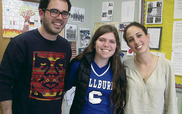 With Hen and Sharon is MHS senior Olivia Lange, center, a StandWithUs MZ Teen intern who organized the former IDF soldiers’ visit to her school. 