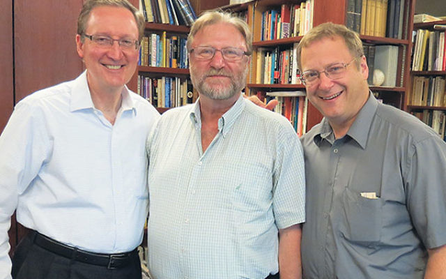 During a visit to Congregation Agudath Israel in Caldwell, Rabbi Mauricio Balter of Be’er Sheva, center, is flanked by Rabbi Alan Silverstein, left, and Cantor Joel Caplan. 