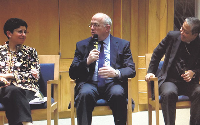 Discussing the role of religion in diplomacy at the Jewish Theological Seminary are, from left, Archbishop Bernadito Auza, former U.S. Ambassador to Israel Daniel Kurtzer, and Azza Karam, director of the UN Interagency Task Force on Religion and Developme