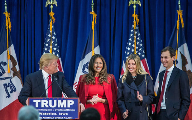 Jared Kushner, far right, standing next to his wife, Ivanka Trump, at a Donald Trump campaign rally in Waterloo, Iowa, Feb. 1, 2016. (Brendan Hoffman/Getty Images)
