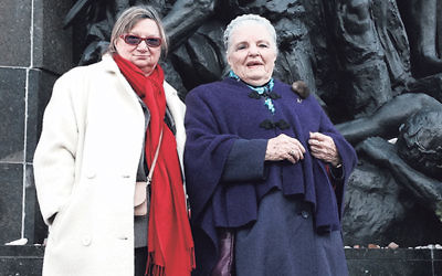 Holocaust survivor Luna Kaufman, right, with Nina Wolmark, daughter of famed sculptor Nathan Rapoport, whose Warsaw Ghetto Monument served as a focal point during the opening ceremonies of the new Polin Museum of the History of Polish Jews in Warsaw.&nbsp