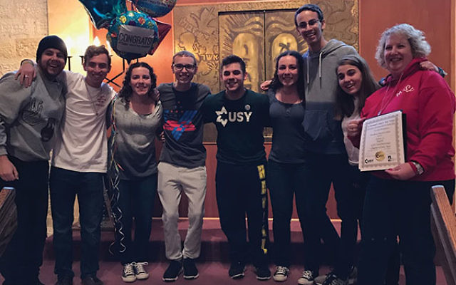 The MUSY crew who helped win the International USY Chapter of the Year Award included, from left, Gregory Yellin, Shawn Konichowsky, Gabrielle Kaplan, Cory Fox, Joshua Eiger, Jessica Kaplan, Seth Katz, Hannah Eiger, and Lori Solomon.
