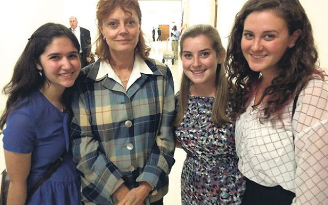 At a U.S. Senate hearing on hate crimes against the homeless are, from left, Alyson Malinger, actress Susan Sarandon, and Malinger’s fellow Religious Action Center interns Rebecca Fisher and Natalie Landau.     