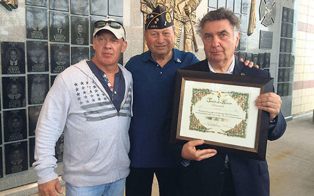 Sol Moglen, center, at the 9/11 memorial in Coney Island with John Feal, left, director of the Fealgood Foundation, an advocacy group for first responders, and Rabbi Joseph Potasnik, executive vice president of the NY Board of Rabbis, who previously serve