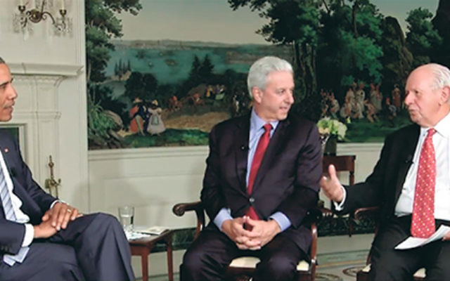 On his Aug. 28 webcast, President Obama — shown with Michael Siegal, center, board chair of the Jewish Federations of North America, and Steve Greenberg, chair of the Conference of Presidents of Major American Jewish Organizations — said that