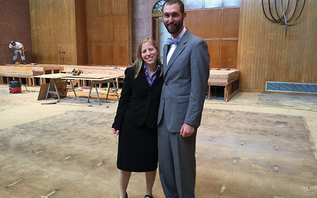 Rabbis Neil Tow and Rachel Schwartz, now sharing the pulpit at Temple Beth-El Mekor Chayim in Cranford, in the synagogue’s sanctuary, currently under renovation. Photos by Johanna Ginsberg