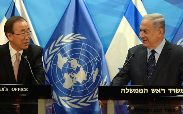 United Nations Secretary-General Ban Ki-Moon, left, and Israeli Prime Minister Benjamin Netanyahu meeting in Jerusalem, June 28, 2016. (Haim Zach, GPO)