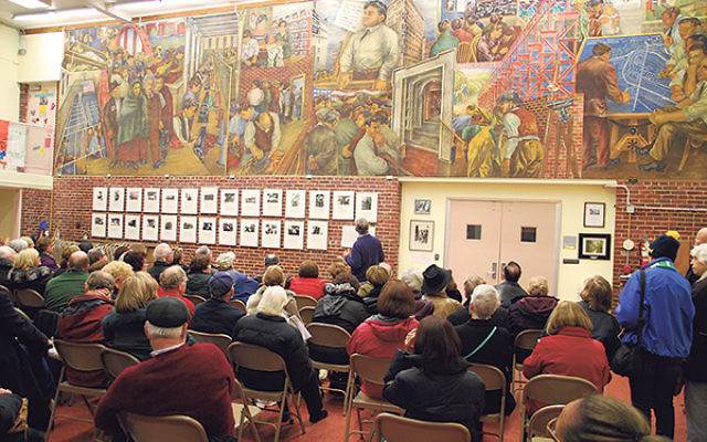 About 65 visitors visited Roosevelt on Nov. 16 to view a fresco by famed artist Ben Shahn in the Roosevelt School auditorium.