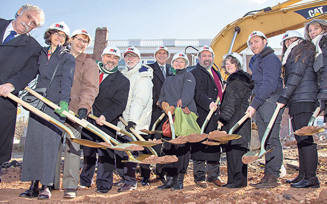 Members of the Halpern/Stein family and Rutgers Hillel leaders help break ground for the new Eva and Arie Halpern Hillel House at Rutgers University — from left, Chick Paradis, Nanette Brenner, Arthur Brenner, Hillel executive director Andrew Getrae