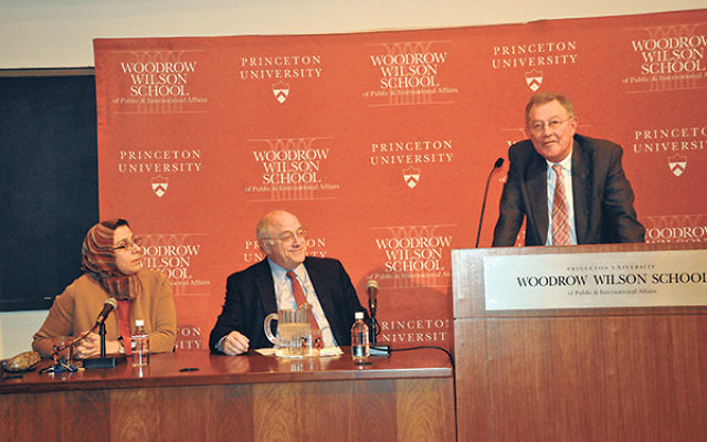 With Amb. Robert Serry, at the podium, are event cohosts Amaney Jamal, associate professor of politics and Bobst Center director, and Daniel Kurtzer, former U.S. ambassador to Israel and Egypt and visiting professor in Middle East policy studies at the Wo