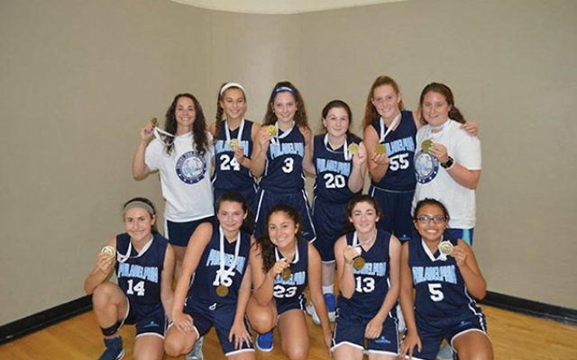 The Philadelphia girls’ basketball team won gold in the 2017 Miami JCC Maccabi Games; Brooke Smukler of Princeton Day School is in the middle of the front row. Photo courtesy Lisa Smukler