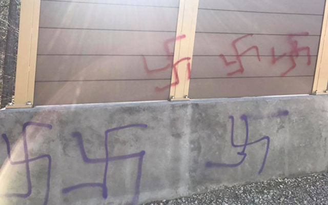Spray-painted swastikas were discovered Feb. 28 on a pedestrian bridge in the South Mountain Reservation. Photo via Facebook 