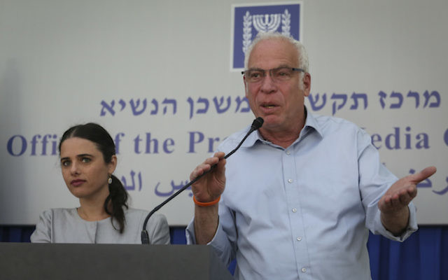 Members of Jewish Home party MK Ayelet Shaked (L), Minister of Housing and Construction Uri Ariel (R) speak with the press after a meeting with Israeli President Reuven Rivlin at the president's house in Jerusalem, March 22, 2015 (Hadas Parush/FLASH90
