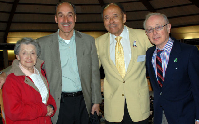 At the Brookdale colloquium are, from left, Holocaust survivor Ellen Dorman, who led a workshop at the event; her son Howard Dorman, Brookdale center board vice president; and speakers Dr. Leon Bass and Robbie Waisman. Photos courtesy Holocaust, Genocid