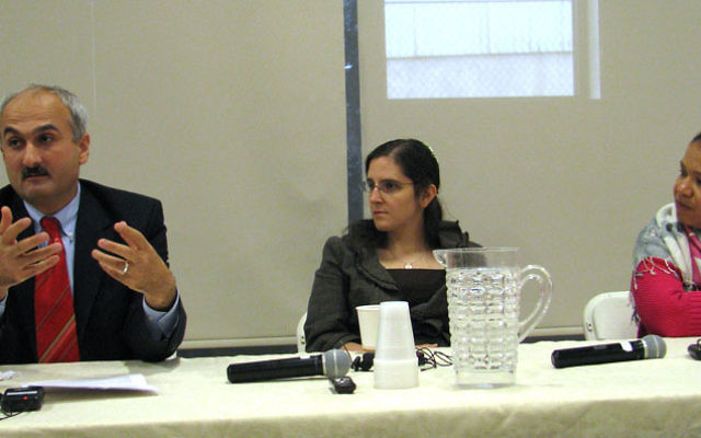 Levent Koc, Ariann Weitzman, center, and the Rev. Andrea Walker consider spirituality and violence in the Middle East. Photo by Robert Wiener