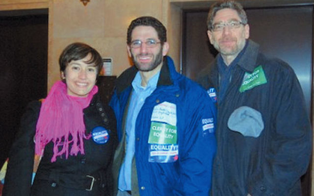 Advocating earlier this year in Trenton for marriage equality for same sex-couples are, from left, Cantor Meredith Greenberg, Rabbi Darby Leigh, and Rabbi David Greenstein. Photo courtesy Rabbi Darby Leigh