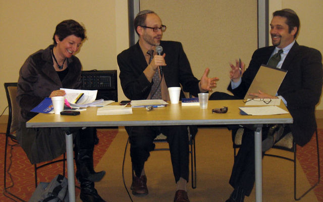 Taking part in a discussion of Radical Judaism by Rabbi Arthur Green on March 3 are three rabbis of three different denominations, from left, Francine Roston, Elliott Tepperman, and Matthew Gewirtz. Photos by Johanna Ginsberg