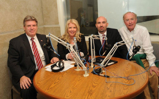 Rep. Rodney Frelinghuysen (R-Dist. 11), right, joins Democratic challenger Douglas Herbert, left, host Julie Briggs, and Libertarian Party candidate James Gawron for an Oct. 16 candidates’ debate in the Cedar Knolls studio of radio station WMTR-AM