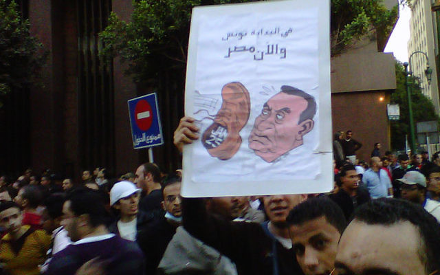 Some experts believe Israel’s position will be precarious no matter what the outcome of the protests calling for the ouster of Egyptian President Hosni Mubarak, like this gathering in Cairo on Jan. 25. Photo by Muhammad Ghafari/JTA