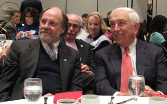 Gov. Jon Corzine, left, joins Sen. Frank Lautenberg at a breakfast meeting of the National Jewish Democratic Council in New Brunswick before the 2008 presidential election.