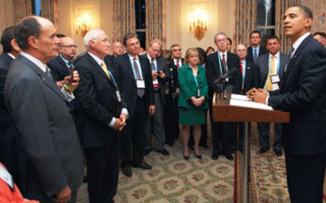 Jewish federation leaders listen to President Obama at a Nov. 9 reception at the White House; Max Kleinman, executive vice president of United Jewish Communities of MetroWest NJ, is third from right.