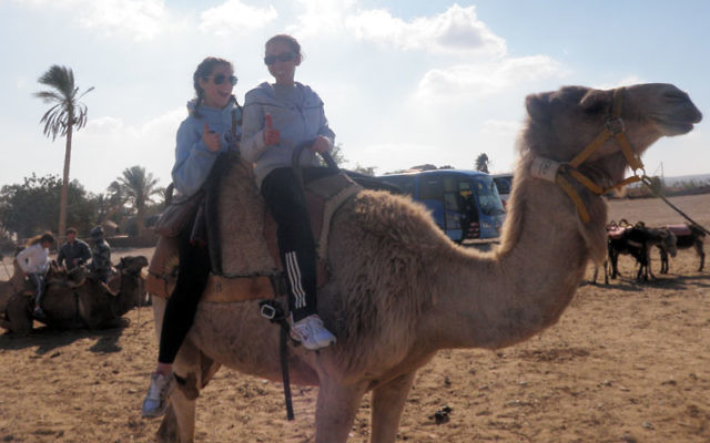 Lauren Wink, right, and a Birthright companion ride a camel in the desert at the Bedouin tents.
