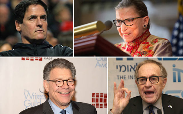 Clockwise from top left: Mark Cuban (Jonathan Daniel/Getty Images); Ruth Bader Ginsburg (Allison Shelley/Getty Images); Alan Dershowitz (Gideon Markowicz/Flash90); Al Franken (Theo Wargo/Getty Images For The Writers Guild Of America).