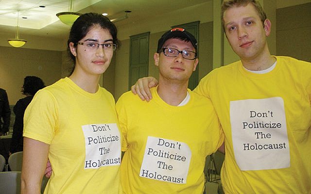 Some Rutgers Hillel students wore yellow T-shirts protesting comparisons of the Israeli treatment of Palestinians to treatment of Jews during the Holocaust. Photo by Debra Rubin