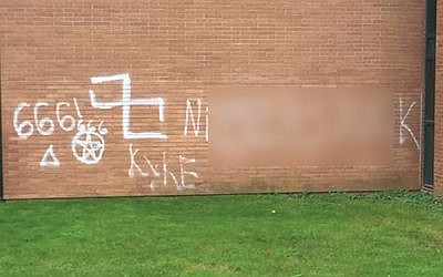 Anti-Semitic slurs and other offensive graffiti found outside Scotch Plains-Fanwood High School in October last year. Photo via Jewish Federation of Greater MetroWest NJ