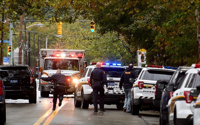 Police respond to the site of a mass shooting at the Tree of Life Synagogue in the Squirrel Hill neighborhood of Pittsburgh, Oct. 27, 2018. JTA