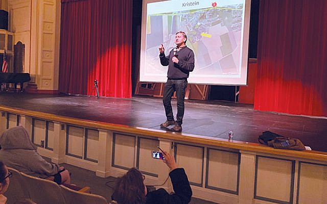 Jack Hersch talks about his father’s life and his experiences retracing it at a presentation in Morristown High School. Photo by Johanna Ginsberg