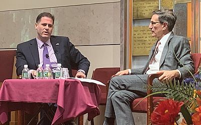 Ambassador on the record: Israel’s Ambassador to the U.S. Ron Dermer, left, in a rare public interview with journalist Ethan Bronner Monday evening at Sutton Place Synagogue, sponsored by The Jewish Week. Photo by Gary Rosenblatt