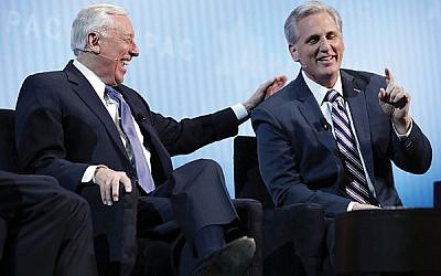 Israel support across the aisle: House Majority Whip Steny Hoyer (D-Md.), left,  and House Minority Leader Kevin McCarthy (R-Calif.) speak at this week’s AIPAC conference. (Getty Images)
