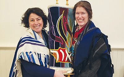 Temple Micah’s religious leader, Rabbi Elisa Goldberg, left, with cantorial soloist Adrienne Rubin, said congregants’ level of intellectual and spiritual engagement is “wonderful.” 
(Photo by Lisa Stone Hardt)