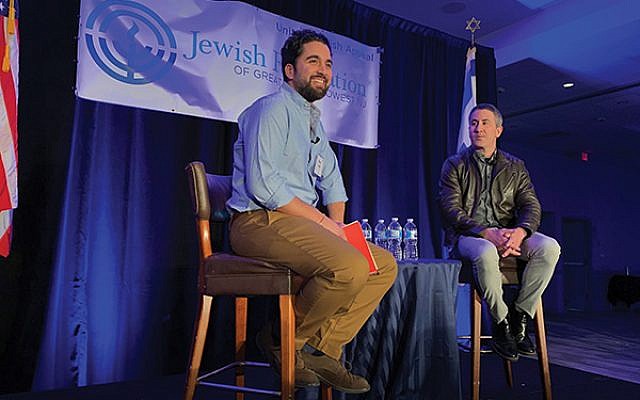 Local chef and “Chopped” champion Meny Vaknin, at left, interviewed Michael Solomonov before a crowd of 400 at a Jewish Federation of Greater MetroWest fund-raiser on March 28. (Photos by Johanna Ginsberg)