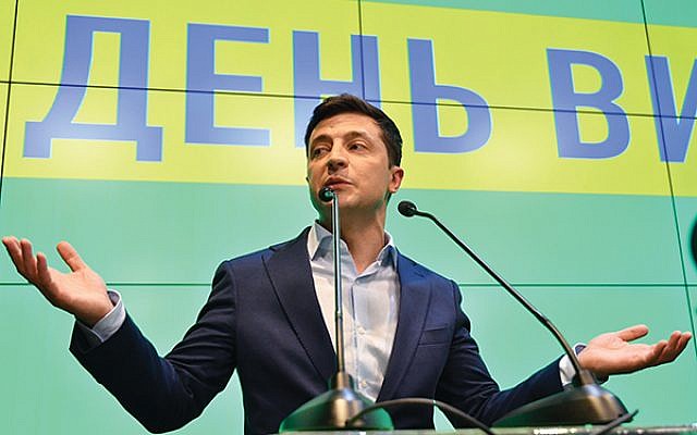 With no political experience, Jewish comic Volodymyr Zelensky, shown here Sunday after exit polls predicted his landslide victory, has become Ukraine’s next president. GETTY IMAGES